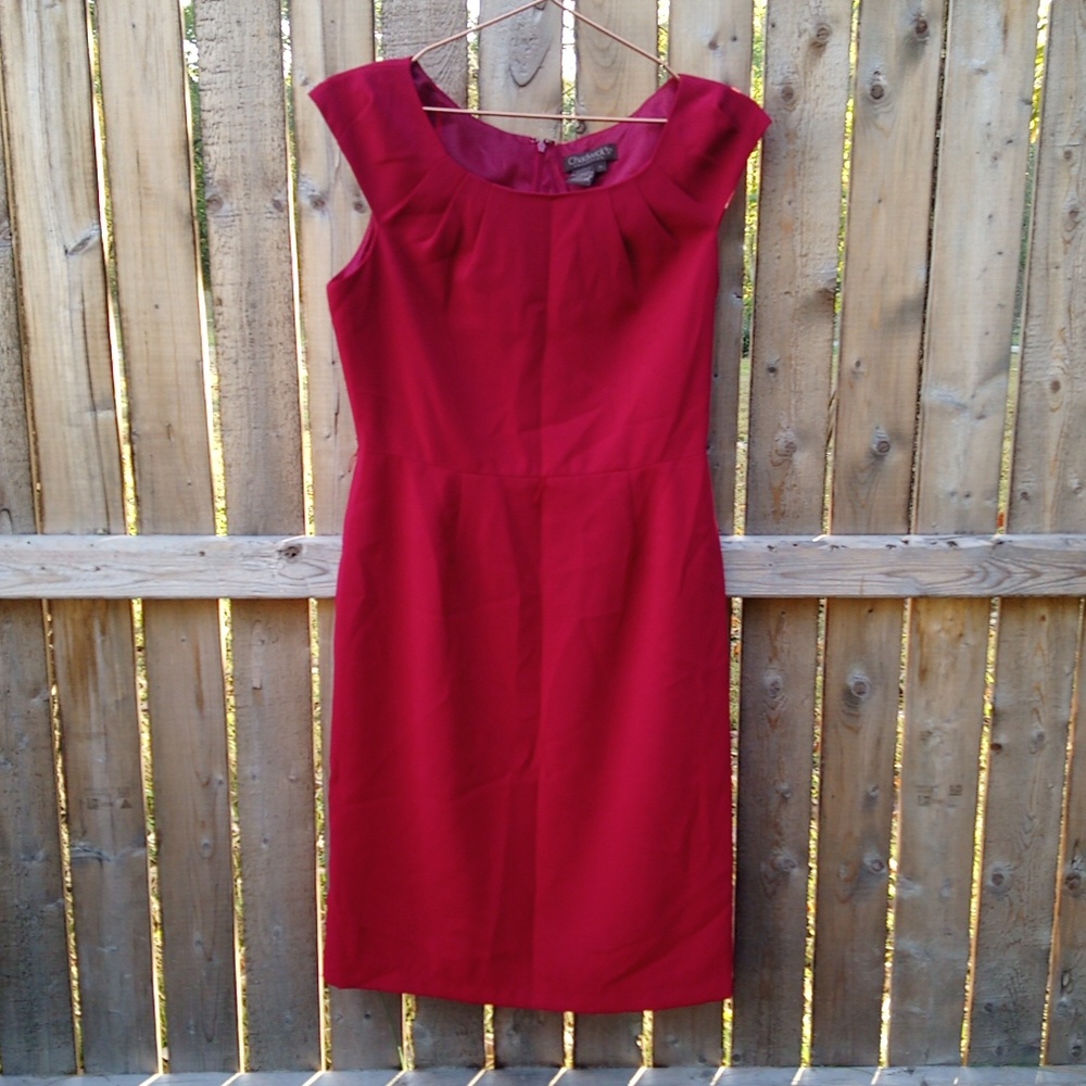 Chadwick's Collection Deep Red Formal Subtle Ruffle Pleated Neckline Dress